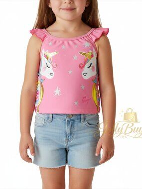 Betsey Johnson Girls’ Swimsuit Pink Rainbow Unicorn Bikini 2-Pc Swimwear UPF 50+
